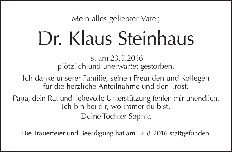  Traueranzeige für Klaus Steinhaus vom 21.08.2016 aus Tagesspiegel