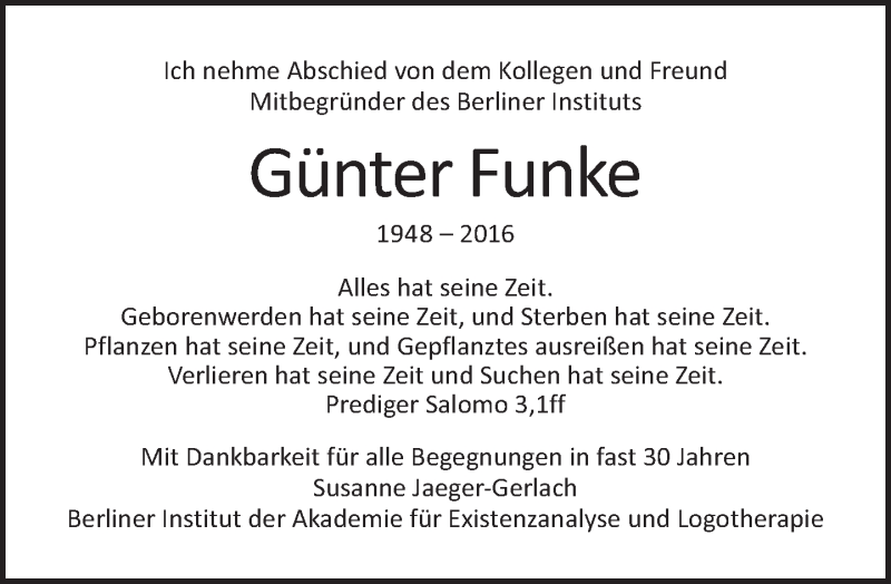  Traueranzeige für Günter Funke vom 14.08.2016 aus Tagesspiegel