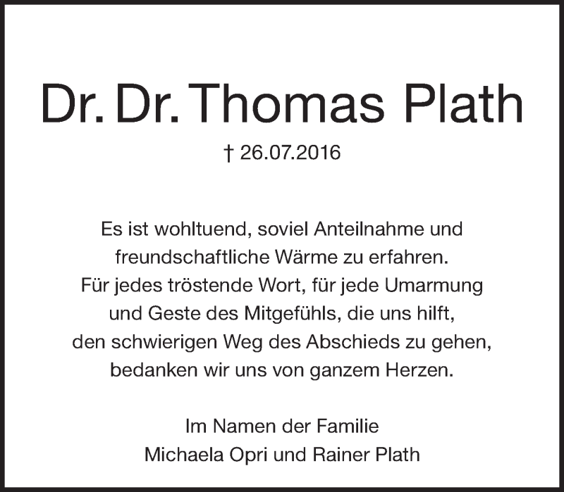  Traueranzeige für Thomas Plath vom 21.08.2016 aus Tagesspiegel