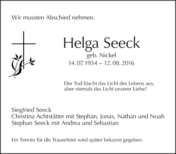 Traueranzeige von Helga Seeck von Tagesspiegel