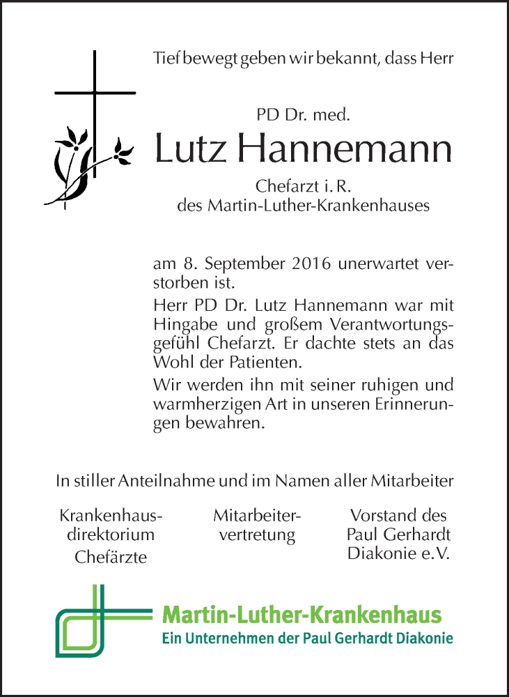  Traueranzeige für Lutz Hannemann vom 18.09.2016 aus Tagesspiegel