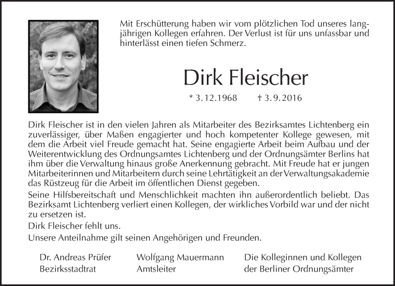  Traueranzeige für Dirk Fleischer vom 25.09.2016 aus Tagesspiegel