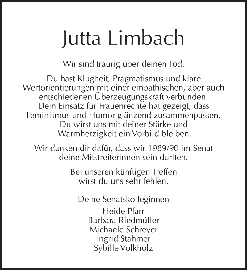  Traueranzeige für Jutta Limbach vom 18.09.2016 aus Tagesspiegel