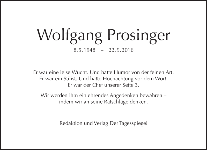  Traueranzeige für Wolfgang Prosinger vom 25.09.2016 aus Tagesspiegel