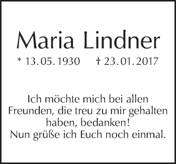 Traueranzeige von Maria Lindner von Tagesspiegel