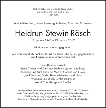 Traueranzeige von Heidrun Stewin-Rösch von Tagesspiegel