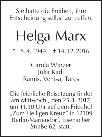 Traueranzeige von Helga Marx von Tagesspiegel