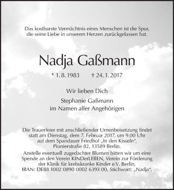 Traueranzeige von Nadja Gaßmann von Tagesspiegel