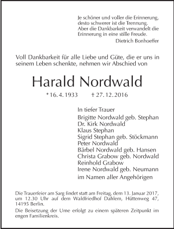 Traueranzeige von Harald Nordwald von Tagesspiegel