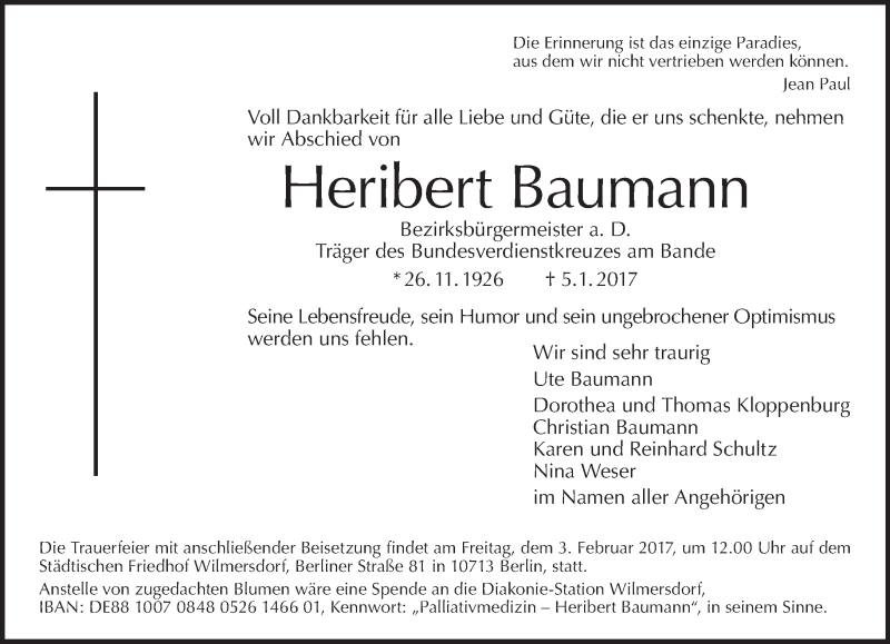  Traueranzeige für Heribert Baumann vom 15.01.2017 aus Tagesspiegel