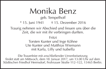 Traueranzeige von Monika Benz von Tagesspiegel