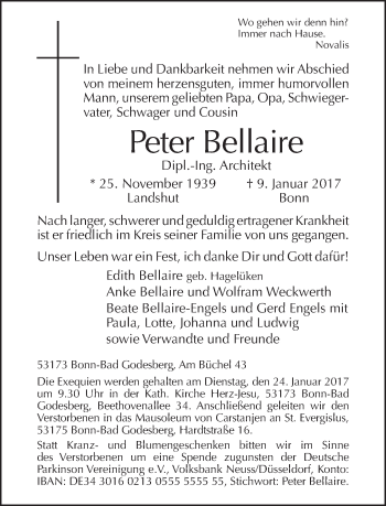 Traueranzeige von Peter Bellaire von Tagesspiegel