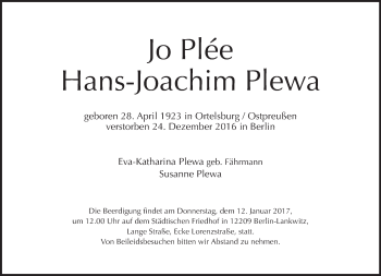 Traueranzeige von Hans-Joachim Plewa von Tagesspiegel