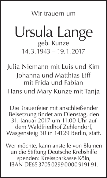 Traueranzeige von Ursula Lange von Tagesspiegel