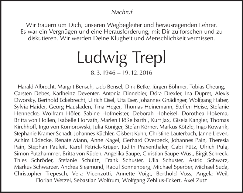  Traueranzeige für Ludwig Trepl vom 29.01.2017 aus Tagesspiegel