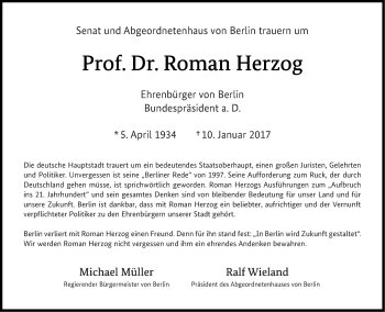 Traueranzeige von Roman Herzog von Tagesspiegel