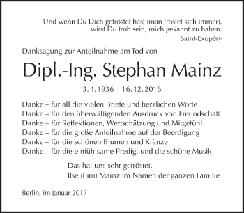 Traueranzeige von Stephan Mainz von Tagesspiegel