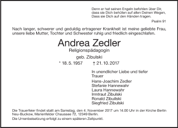 Traueranzeige von Andrea Zedler von Tagesspiegel