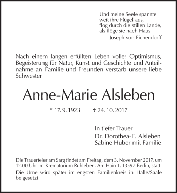 Traueranzeige von Anne-Marie Alsleben von Tagesspiegel