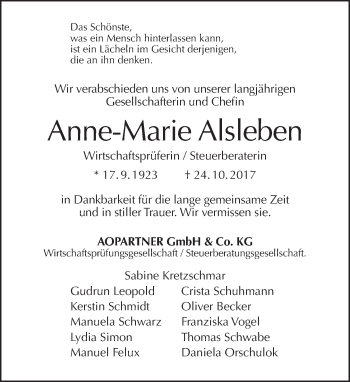 Traueranzeige von Anne-Marie Alsleben von Tagesspiegel