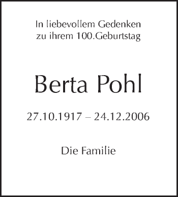 Traueranzeige von Berta Pohl von Tagesspiegel