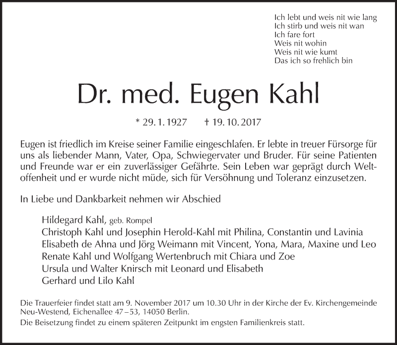 Traueranzeigen Von Eugen Kahl esspiegel Trauer