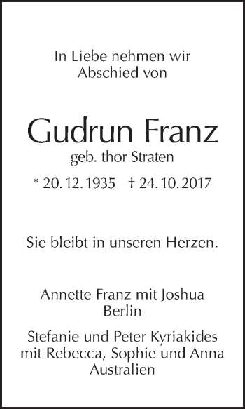 Traueranzeige von Gudrun Franz von Tagesspiegel