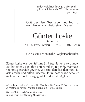 Traueranzeige von Günter Loske von Tagesspiegel