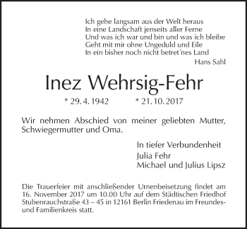 Traueranzeige von Inez Wehrsig-Fehr von Tagesspiegel