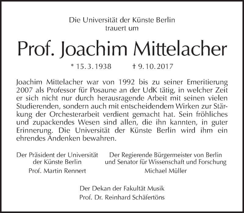  Traueranzeige für Joachim Mittelacher vom 22.10.2017 aus Tagesspiegel