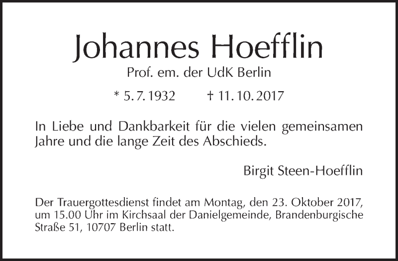  Traueranzeige für Johannes Hoefflin vom 15.10.2017 aus Tagesspiegel
