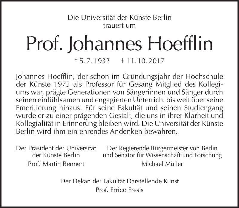  Traueranzeige für Johannes Hoefflin vom 22.10.2017 aus Tagesspiegel