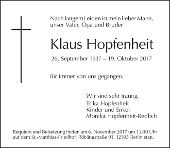 Traueranzeige von Klaus Hopfenheit von Tagesspiegel