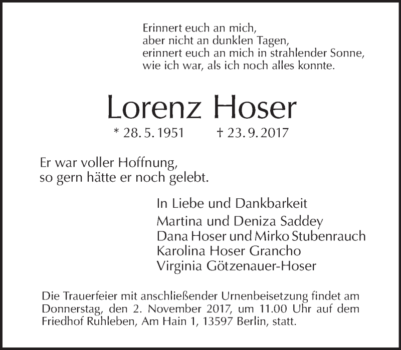  Traueranzeige für Lorenz Hoser vom 08.10.2017 aus Tagesspiegel