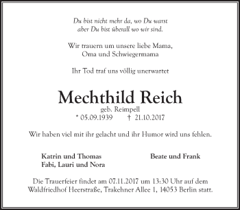 Traueranzeige von Mechthild Reich von Tagesspiegel