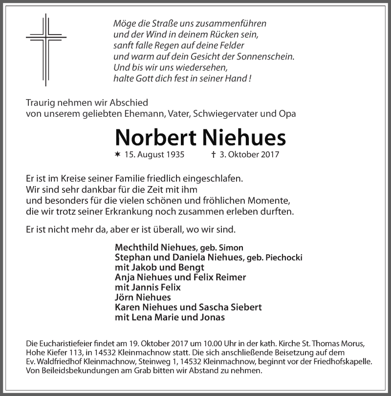  Traueranzeige für Norbert Niehues vom 15.10.2017 aus Tagesspiegel