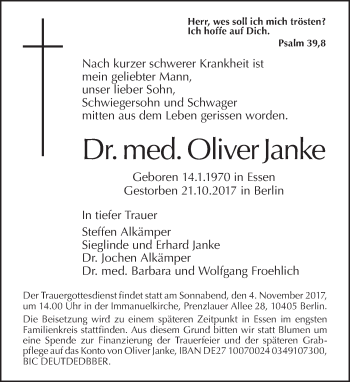 Traueranzeige von Oliver Janke von Tagesspiegel