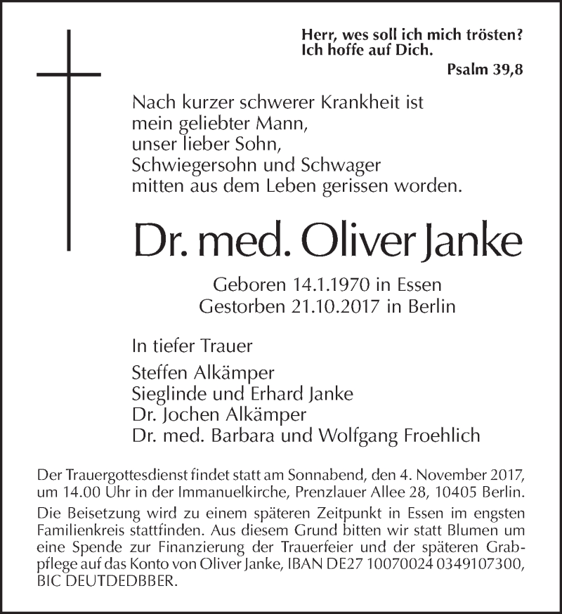  Traueranzeige für Oliver Janke vom 29.10.2017 aus Tagesspiegel