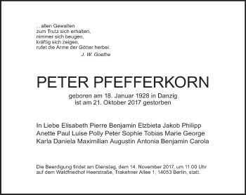 Traueranzeige von Peter Pfefferkorn von Tagesspiegel