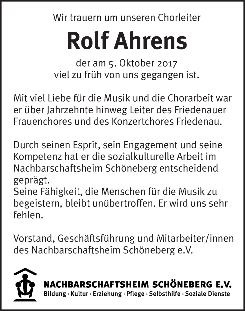  Traueranzeige für Rolf Ahrens vom 22.10.2017 aus Tagesspiegel