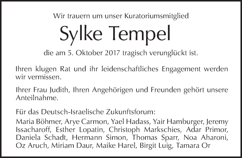  Traueranzeige für Sylke Tempel vom 15.10.2017 aus Tagesspiegel