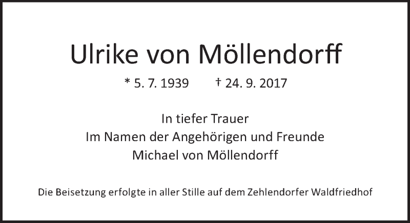  Traueranzeige für Ulrike  von Möllendorff vom 08.10.2017 aus Tagesspiegel
