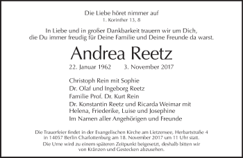 Traueranzeige von Andrea Reetz von Tagesspiegel
