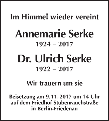 Traueranzeige von Annemarie und Ulrich Serke von Tagesspiegel