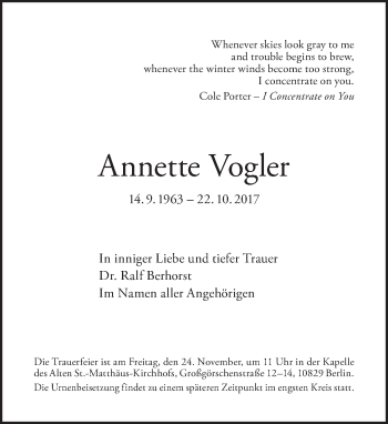 Traueranzeige von Annette Vogler von Tagesspiegel