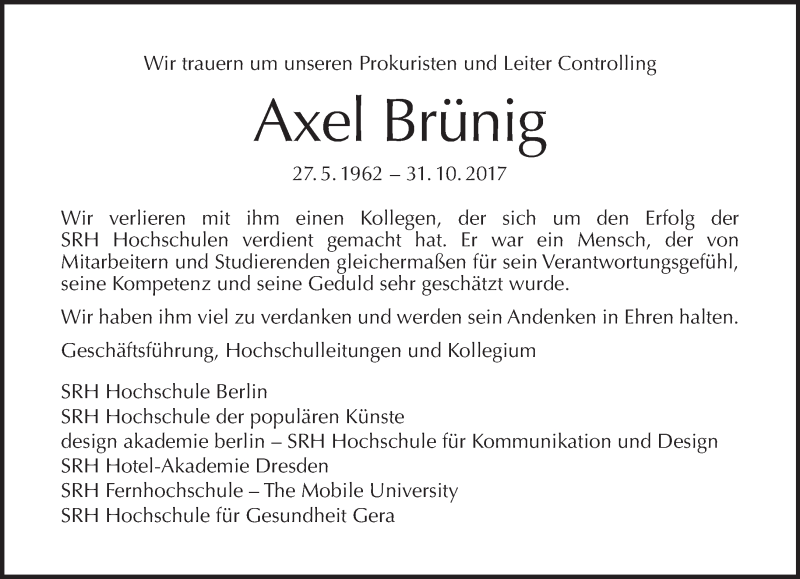  Traueranzeige für Axel Brünig vom 12.11.2017 aus Tagesspiegel