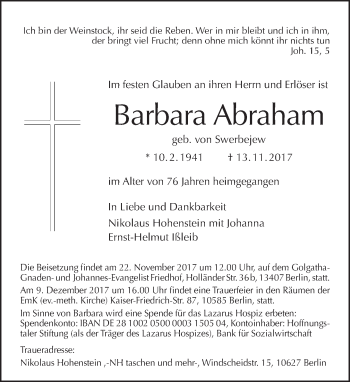 Traueranzeige von Barbara Abraham von Tagesspiegel