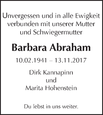 Traueranzeige von Barbara Abraham von Tagesspiegel