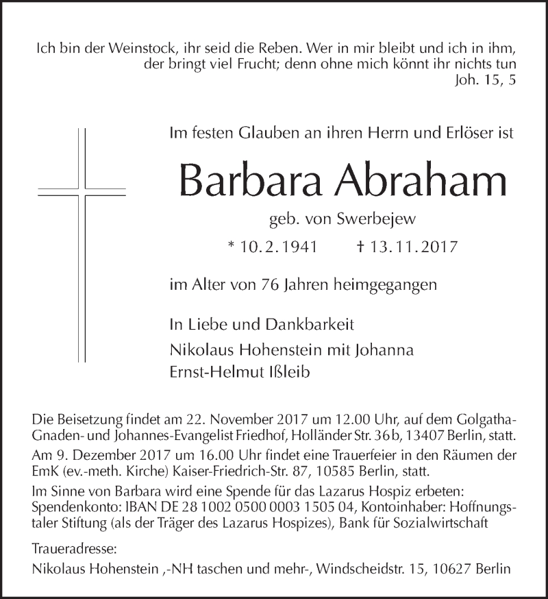  Traueranzeige für Barbara Abraham vom 19.11.2017 aus Tagesspiegel