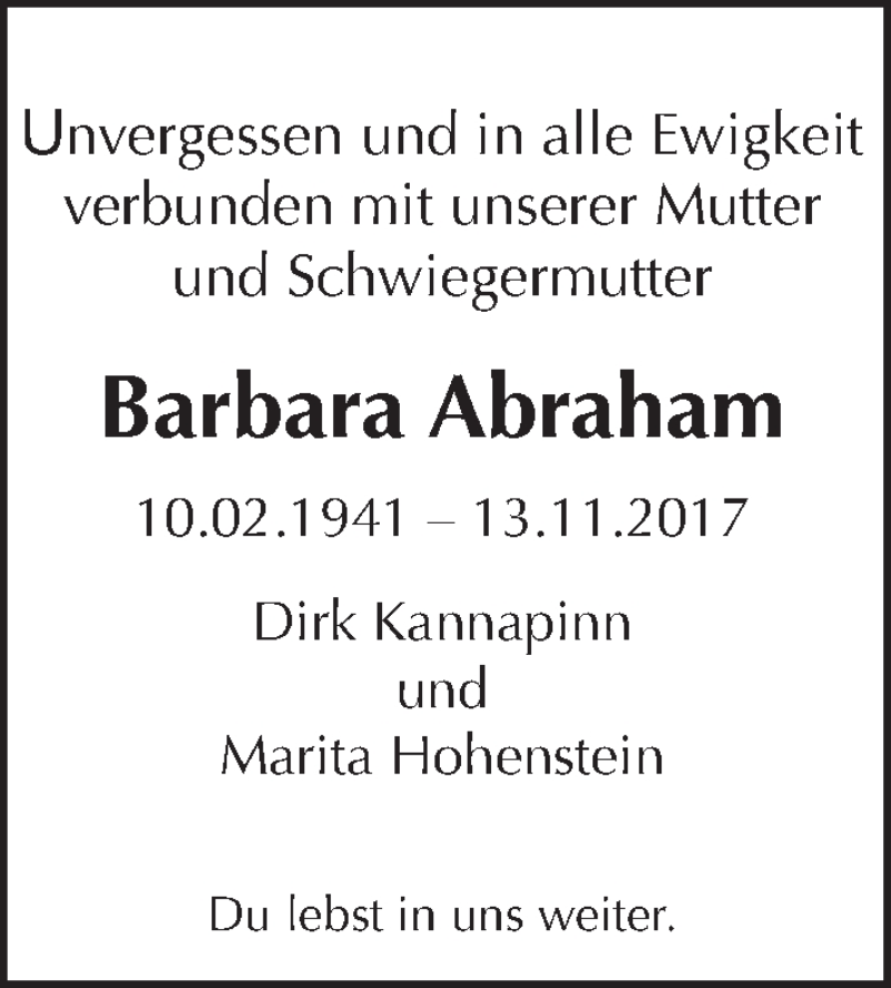  Traueranzeige für Barbara Abraham vom 26.11.2017 aus Tagesspiegel